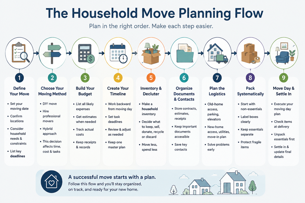 Household moving planning flow from moving decisions through settling in