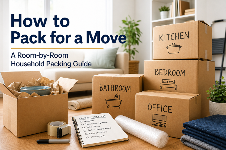 Organized moving boxes labeled by room for a room-by-room household packing system