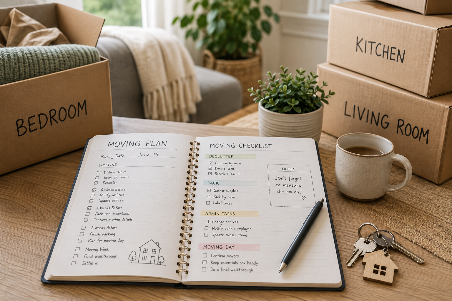 Household moving planner with checklist and packed moving boxes