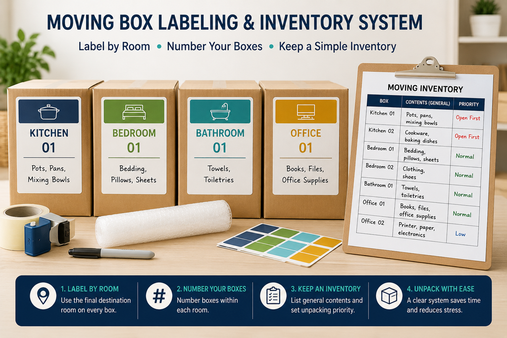 Moving box labeling and inventory system organized by destination room and box number