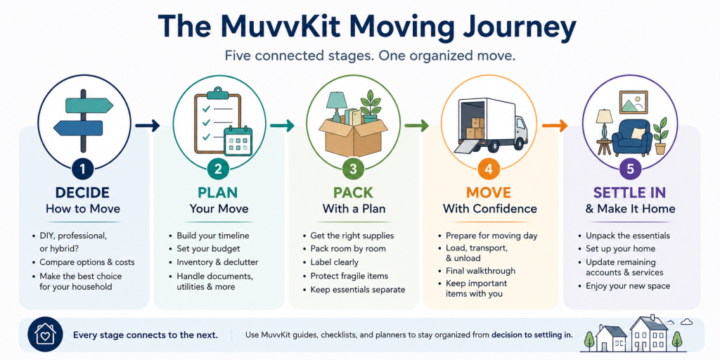 Five stages of a household move from deciding how to move through settling in
