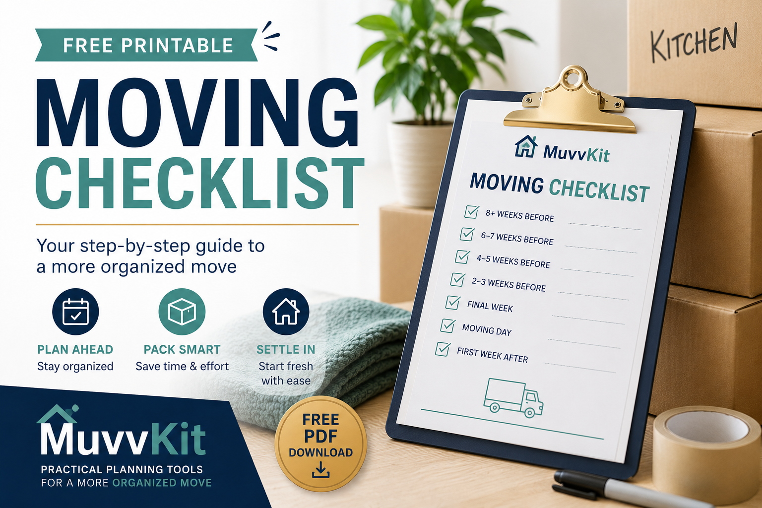 Free MuvvKit Moving Checklist with a week-by-week household moving plan
