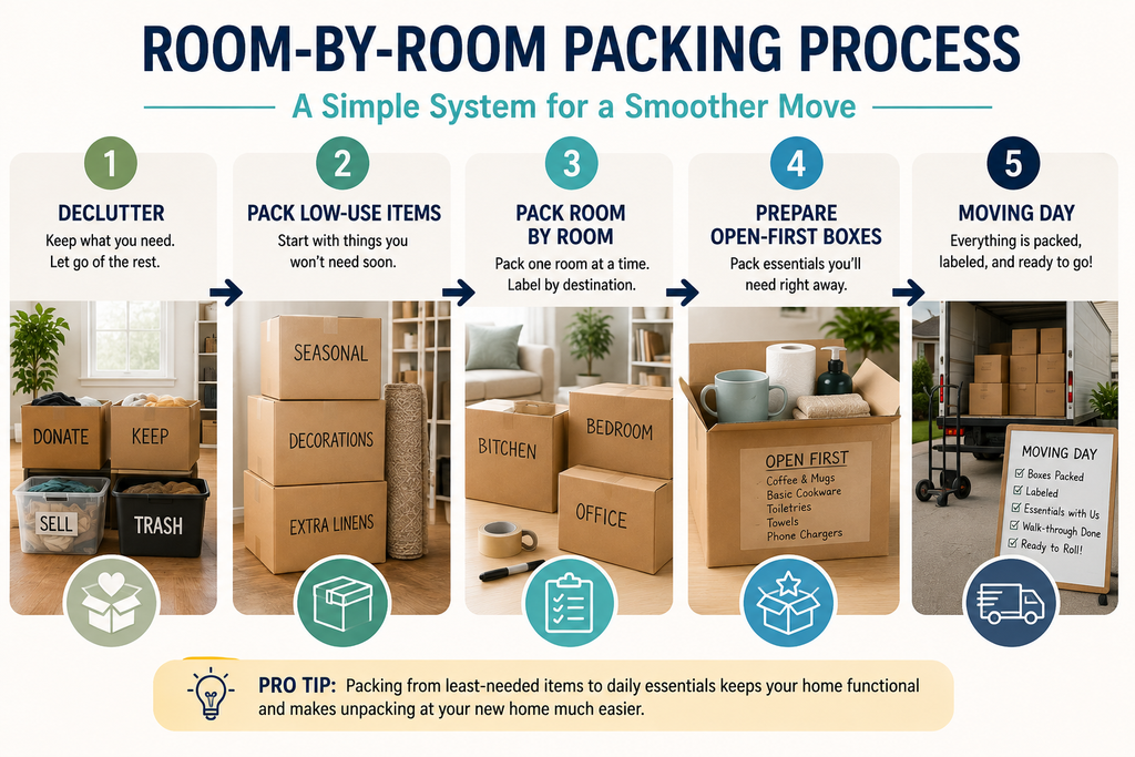 Room-by-room household packing process from decluttering through moving day