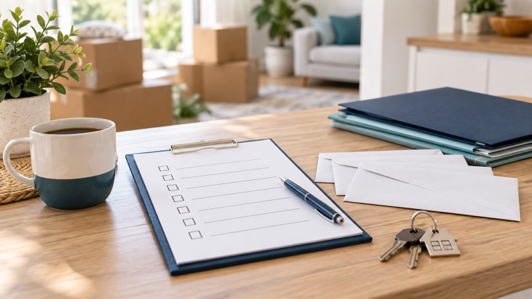 Address change checklist beside labeled envelopes and moving supplies in a new home