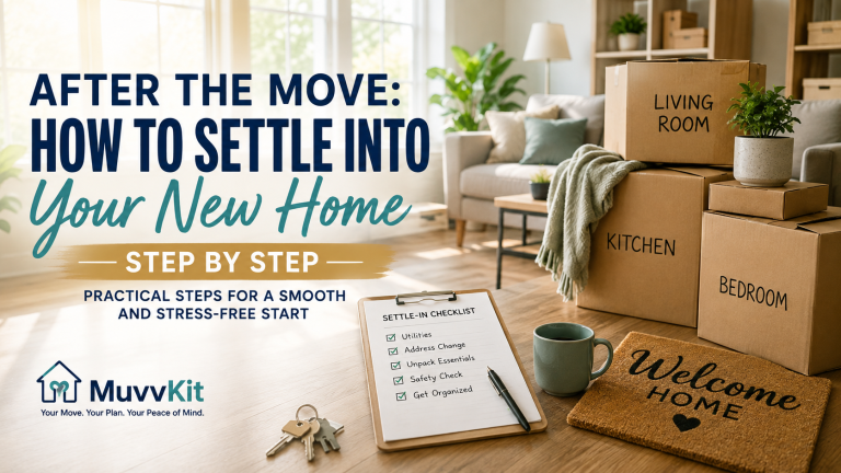 Moving boxes in a new home while settling in after a household move