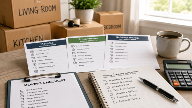 Moving company estimates and comparison notes arranged beside packed moving boxes