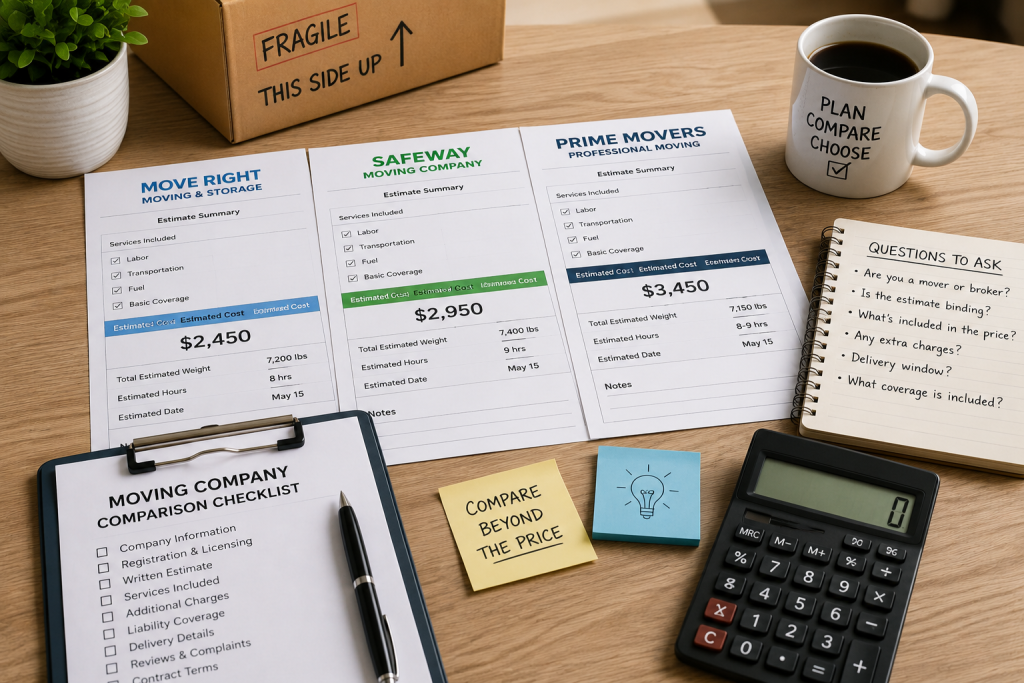 Several written moving estimates being compared with a moving company checklist