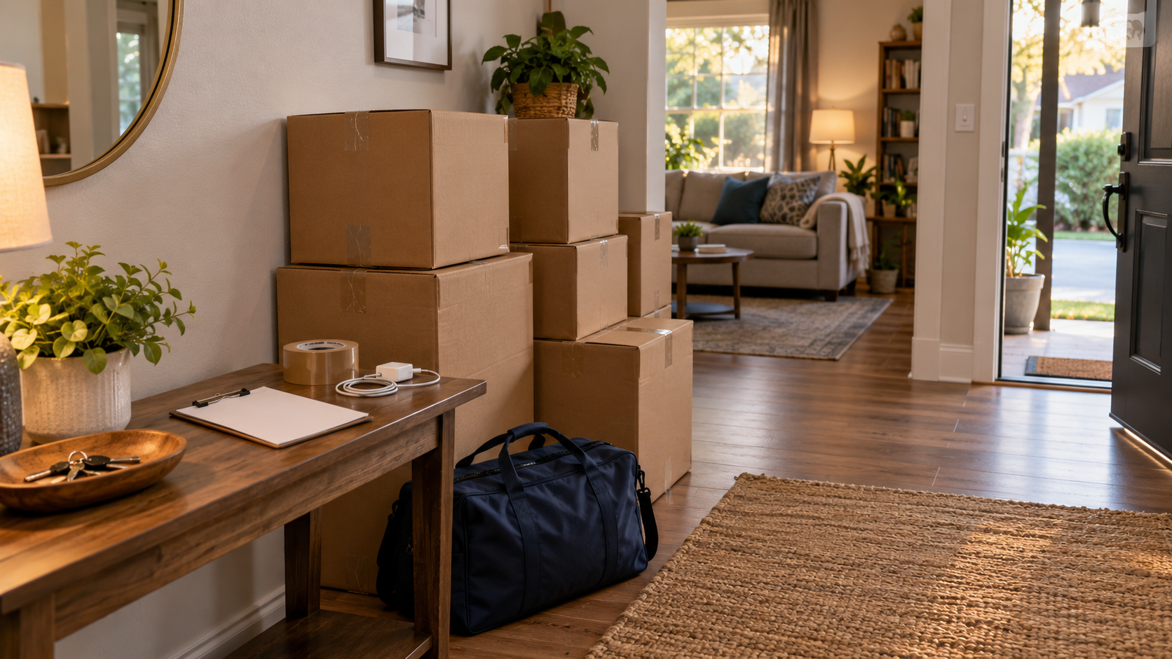 Sealed boxes, keys, and overnight essentials organized the day before moving