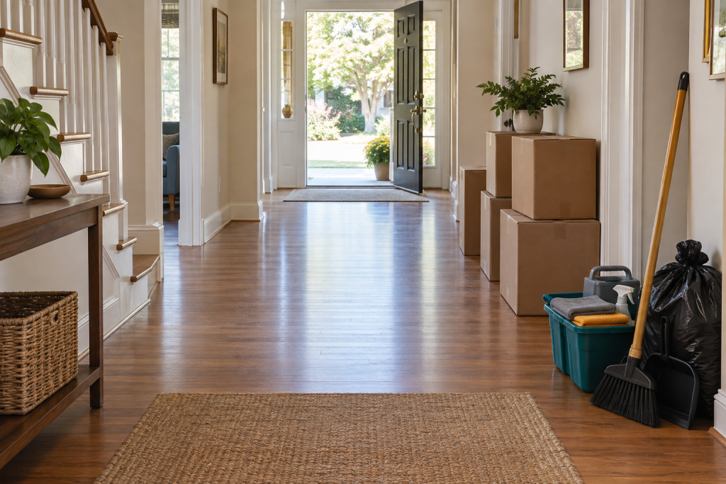Clear loading path with sealed boxes and cleaning supplies ready before moving day