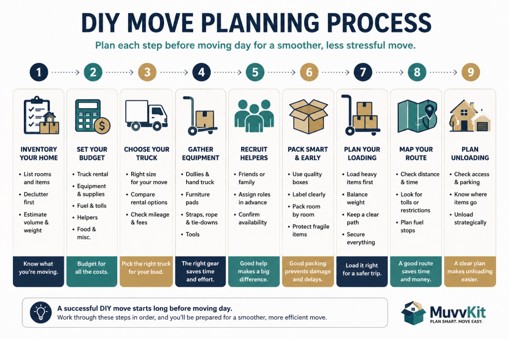 DIY moving planning sequence from household inventory through truck rental, helpers, loading, and unloading