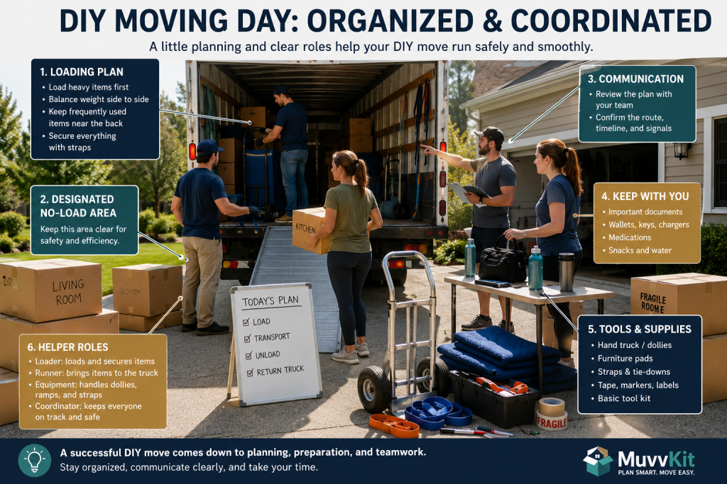 Organized DIY moving day with labeled boxes, moving equipment, helpers, and a loading plan