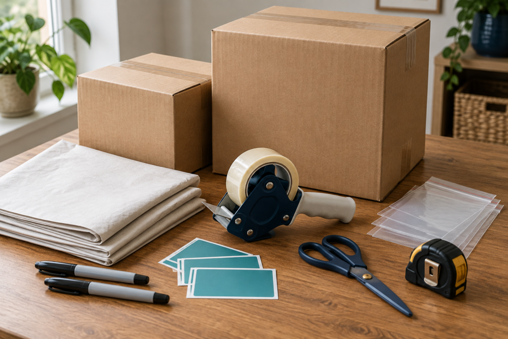 Essential moving supplies including boxes, packing paper, tape, labels, and small-parts bags