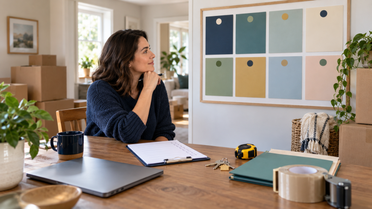 Homeowner reviewing an eight-week moving timeline beside organized moving boxes