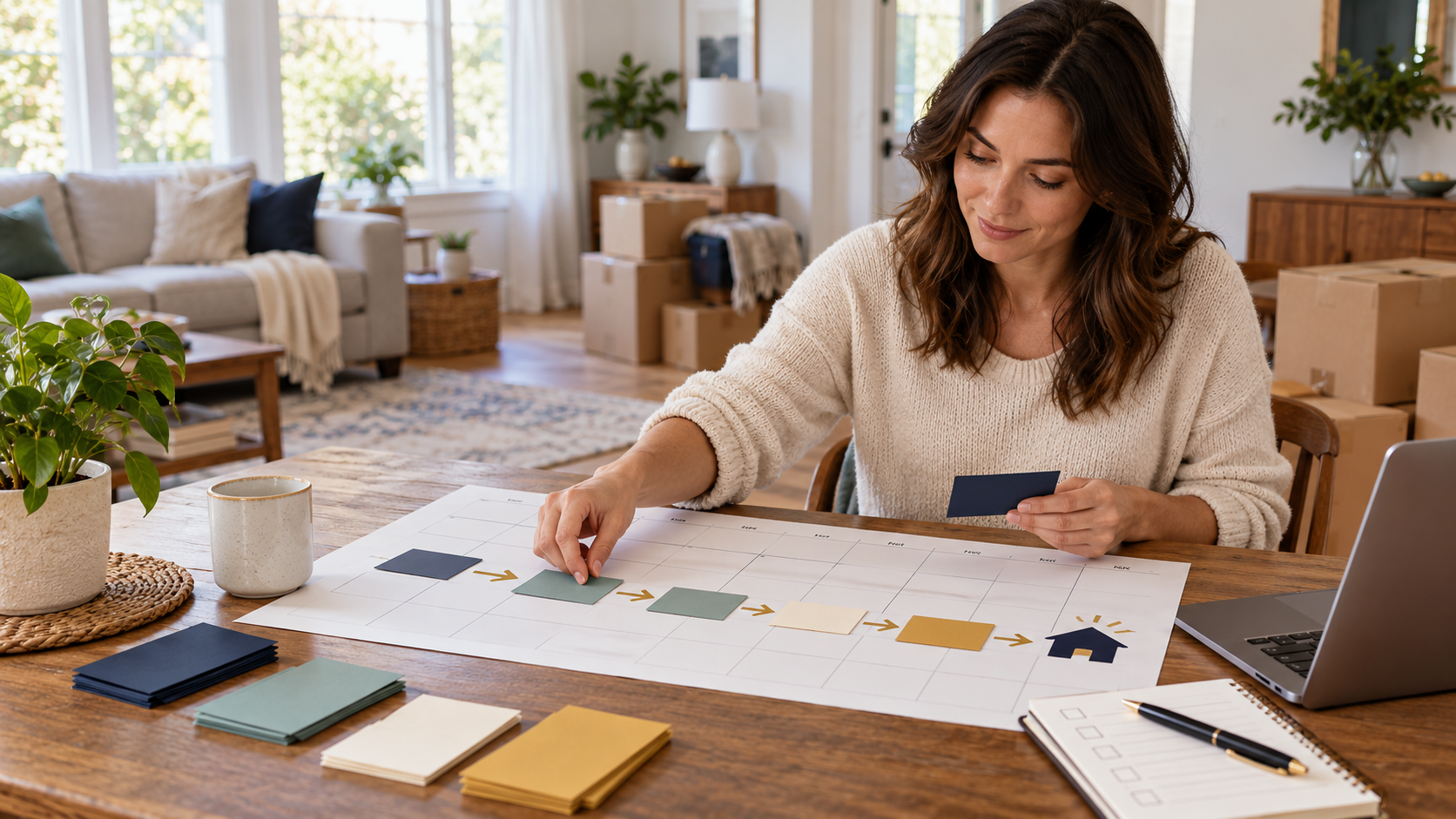 Woman building a moving timeline backward from moving day using a calendar