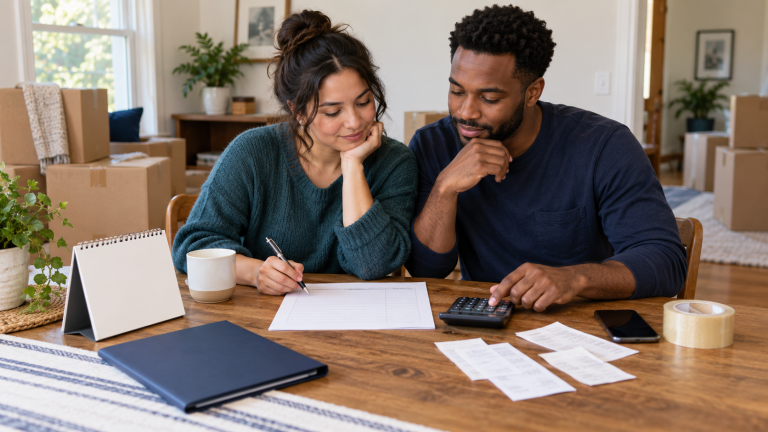 Couple reviewing a household moving budget before paying deposits and buying supplies
