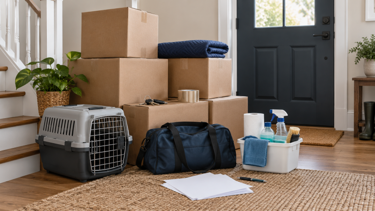 Moving costs people often forget represented by boxes, keys, travel supplies, pet needs, and cleaning items