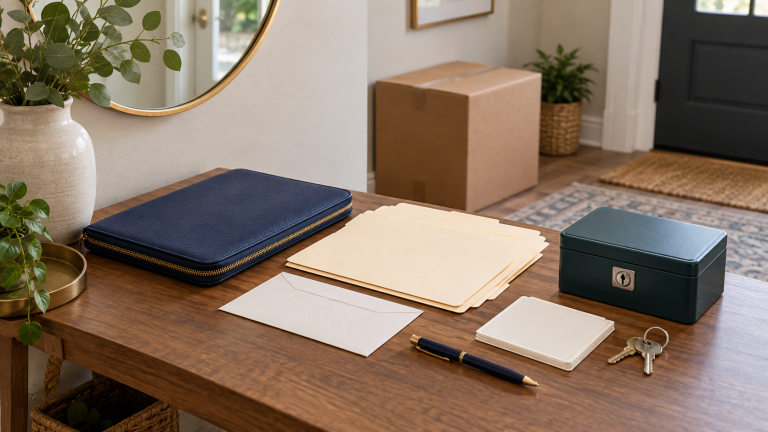 Moving documents, blank folders, keys, lockbox, and document folio organized before a household move