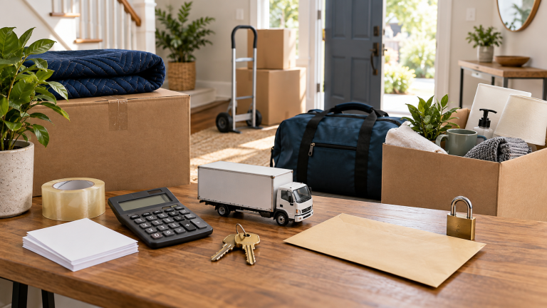 Moving-expense planning supplies arranged with boxes and household moving equipment