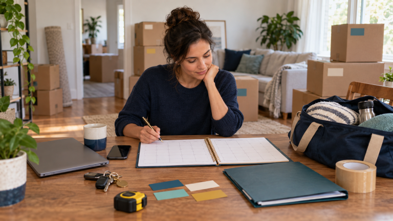 Homeowner reviewing a two-week moving checklist beside organized boxes and packing supplies