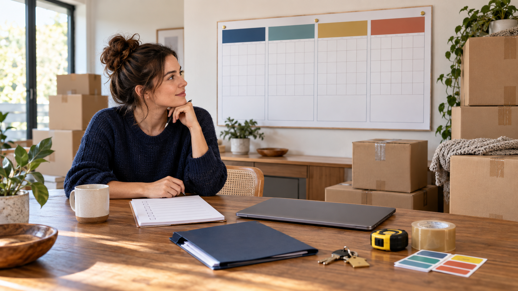 Homeowner reviewing a four-week moving plan beside organized packing supplies and moving boxes