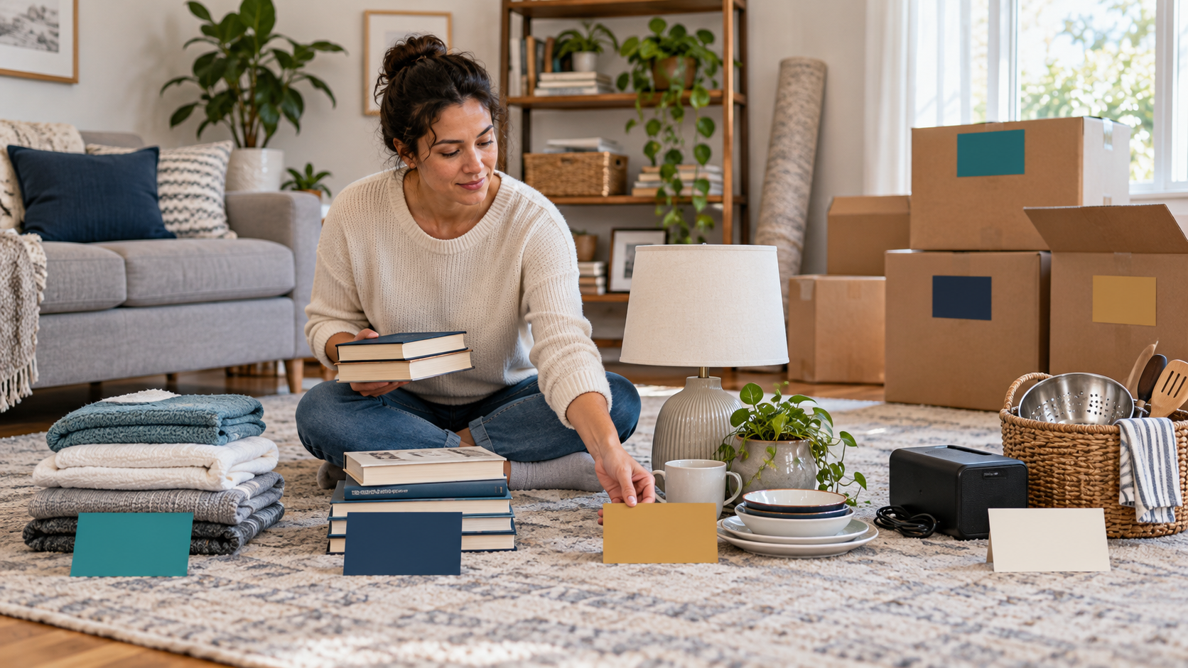What to declutter before moving shown through sorted household belongings and moving boxes