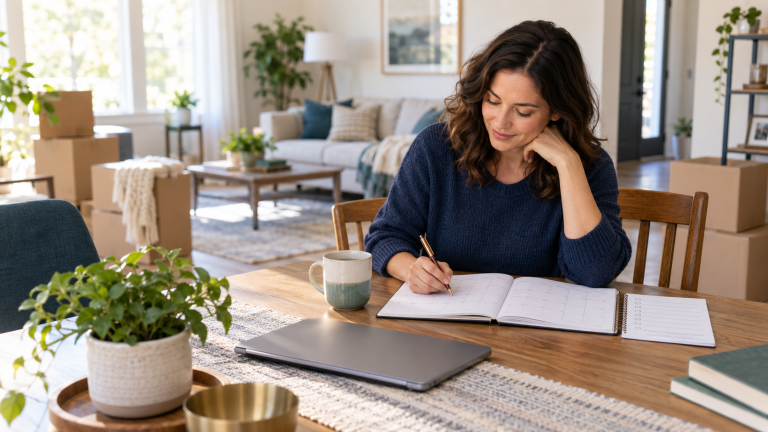 Woman reviewing a calendar and checklist while planning a household move