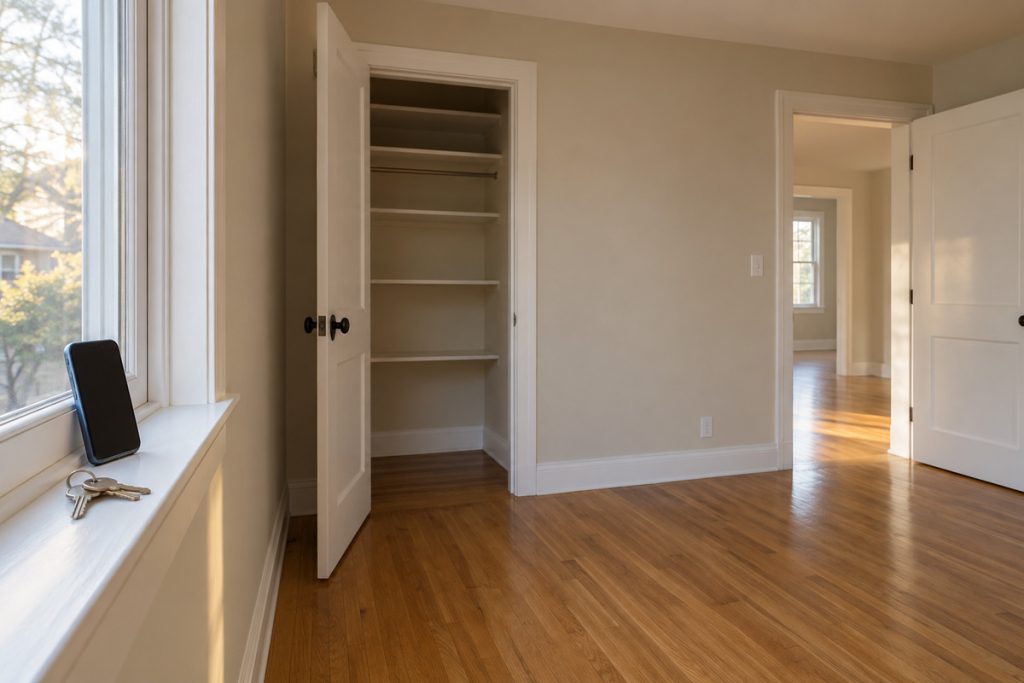 Empty room with an open closet, smartphone, and keys during a final moving walkthrough