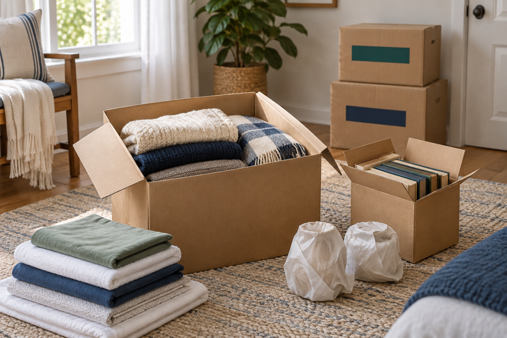 Early moving boxes containing seasonal clothing, books, linens, and wrapped decor