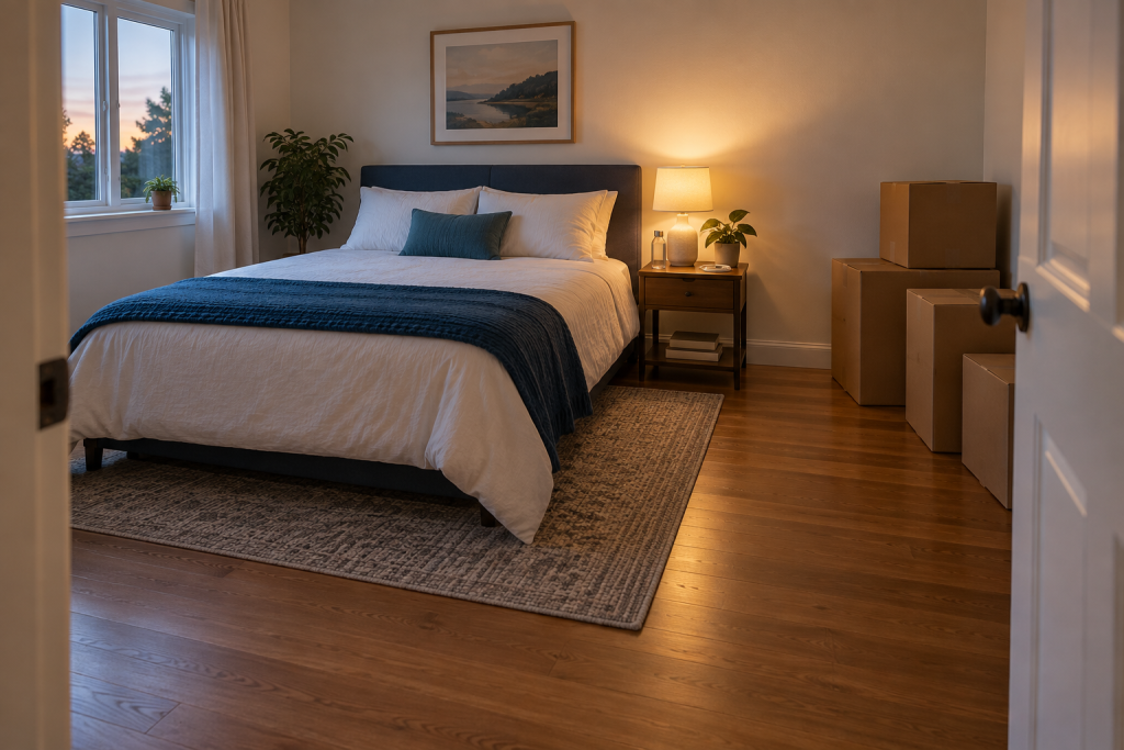 Made bed, lamp, charger, water, and neatly placed boxes in a new bedroom