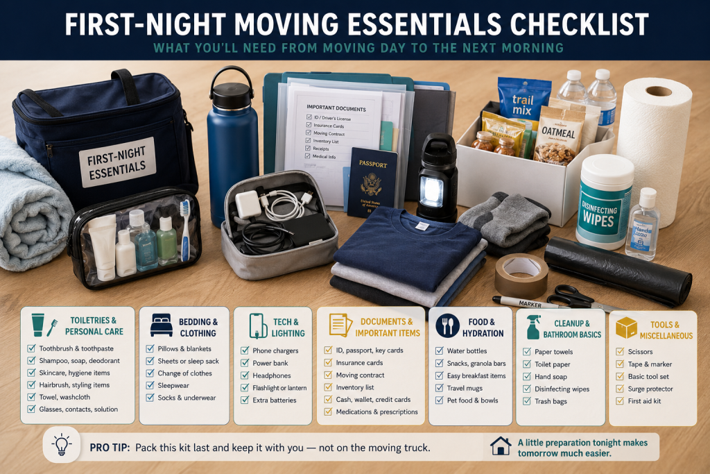 First-night moving essentials including toiletries, bedding, chargers, food, documents, and basic unpacking supplies