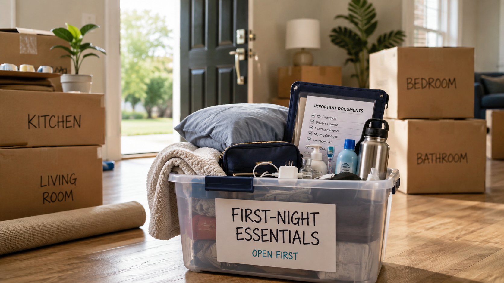 First-night moving essentials kit with bedding, toiletries, chargers, documents, and moving-day basics