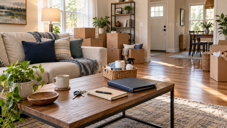 Organized living area, moving boxes, keys, and household task folder during the first week after moving