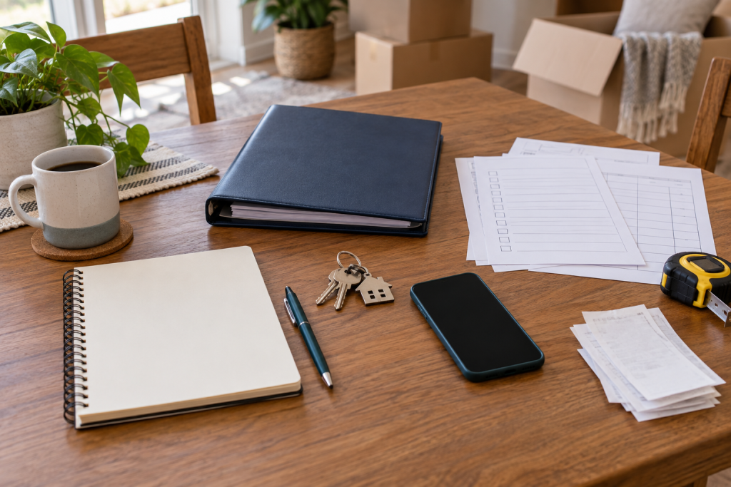 Keys, phone, utility folder, box inventory, notebook, and receipts arranged for first-week planning