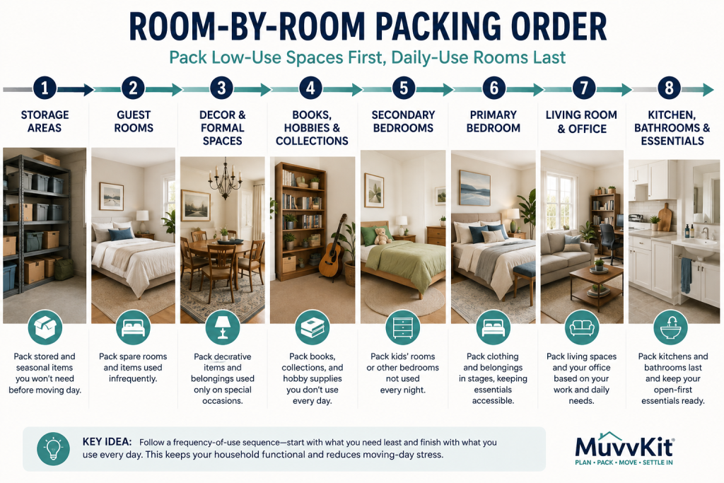Room-by-room household packing sequence from storage areas to daily essentials