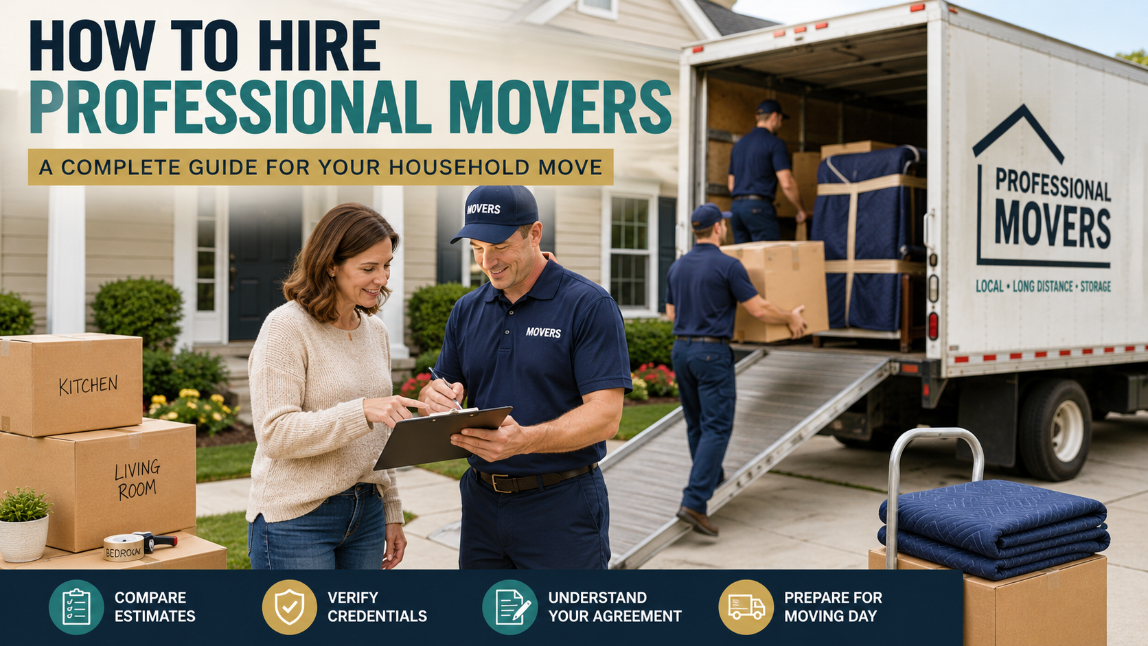 Homeowner reviewing moving paperwork with professional movers beside labeled boxes and a moving truck