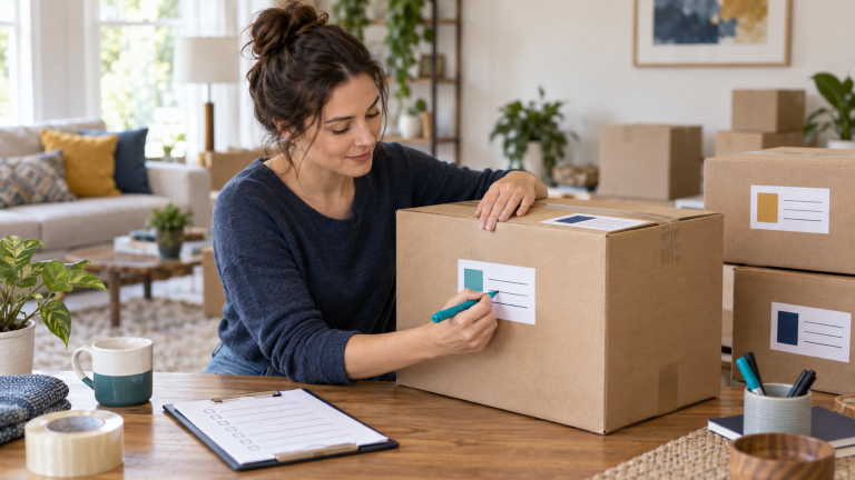 Person adding color-coded labels to organized moving boxes