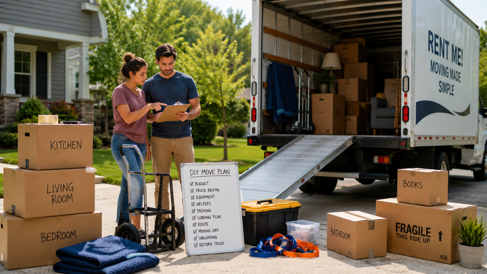 Adults planning a DIY household move beside labeled boxes, a hand truck, and an open moving truck