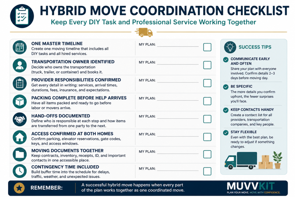 Hybrid moving coordination checklist for DIY tasks and professional moving services