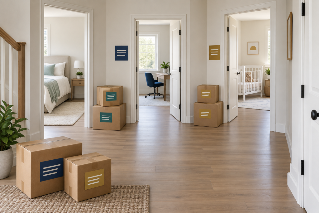 Color-coded moving boxes arranged near matching destination-room markers