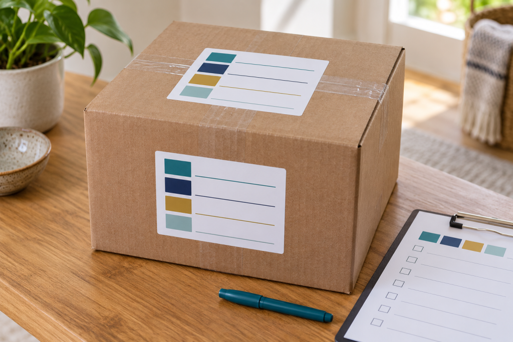 Moving box labels organized by destination, box number, priority, and contents