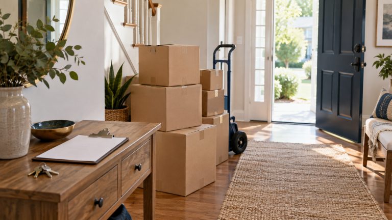 Moving boxes, a hand truck, keys, and a clipboard prepared near a home’s entryway on moving day