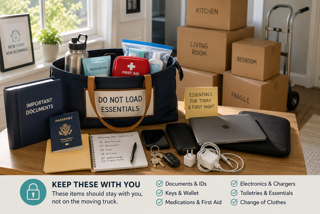 Moving day essentials and personal items separated from packed boxes before loading