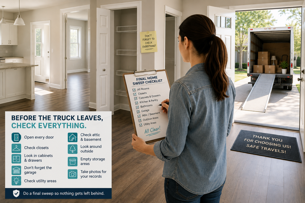 Homeowner completing a final walkthrough of an empty home after the moving truck is loaded