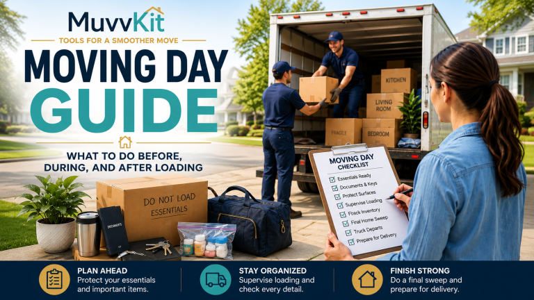 Homeowner using a moving day checklist while movers load household boxes into a moving truck
