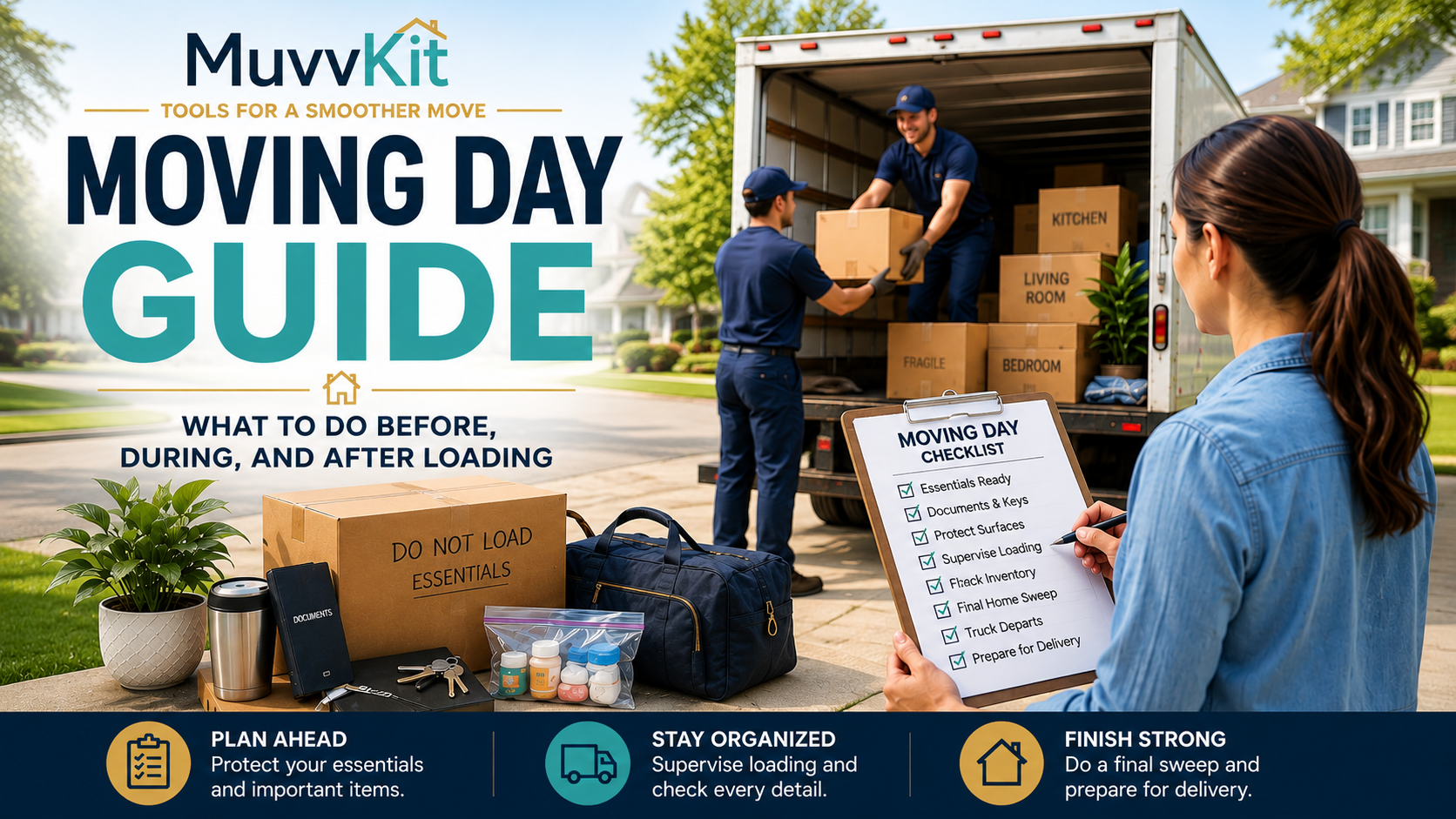 Homeowner using a moving day checklist while movers load household boxes into a moving truck