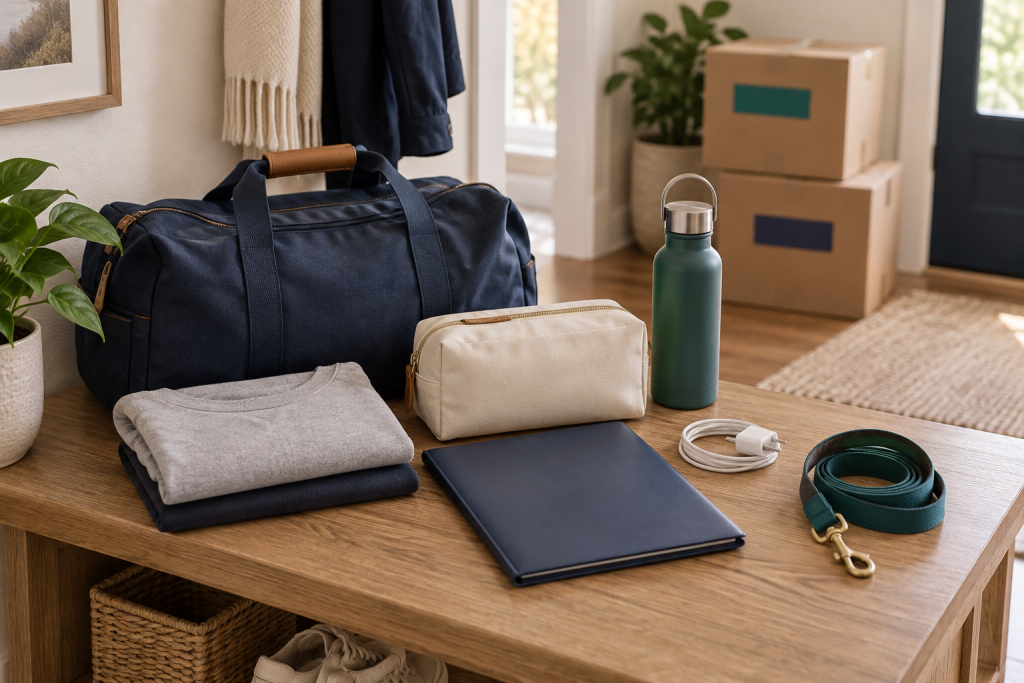 Overnight bag, clothing, toiletries, documents, charger, and pet leash kept accessible during a move