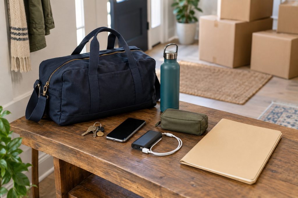 Keys, documents, phone, medication pouch, charger, water bottle, and overnight bag separated from moving boxes