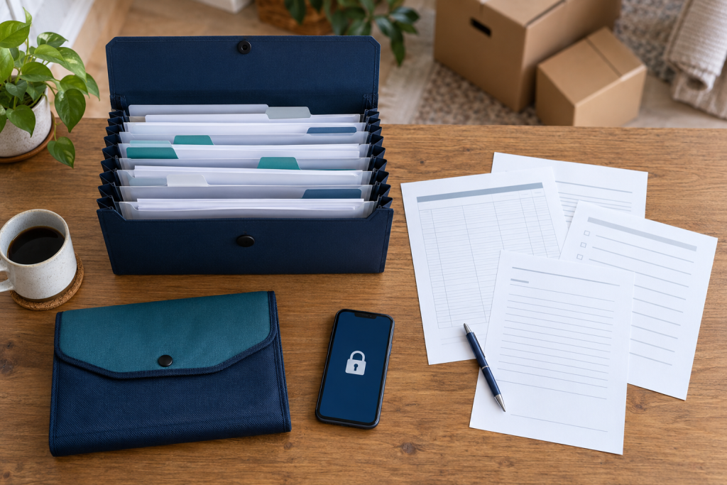 Open document file with blank moving forms, a pen, smartphone, and protective pouch