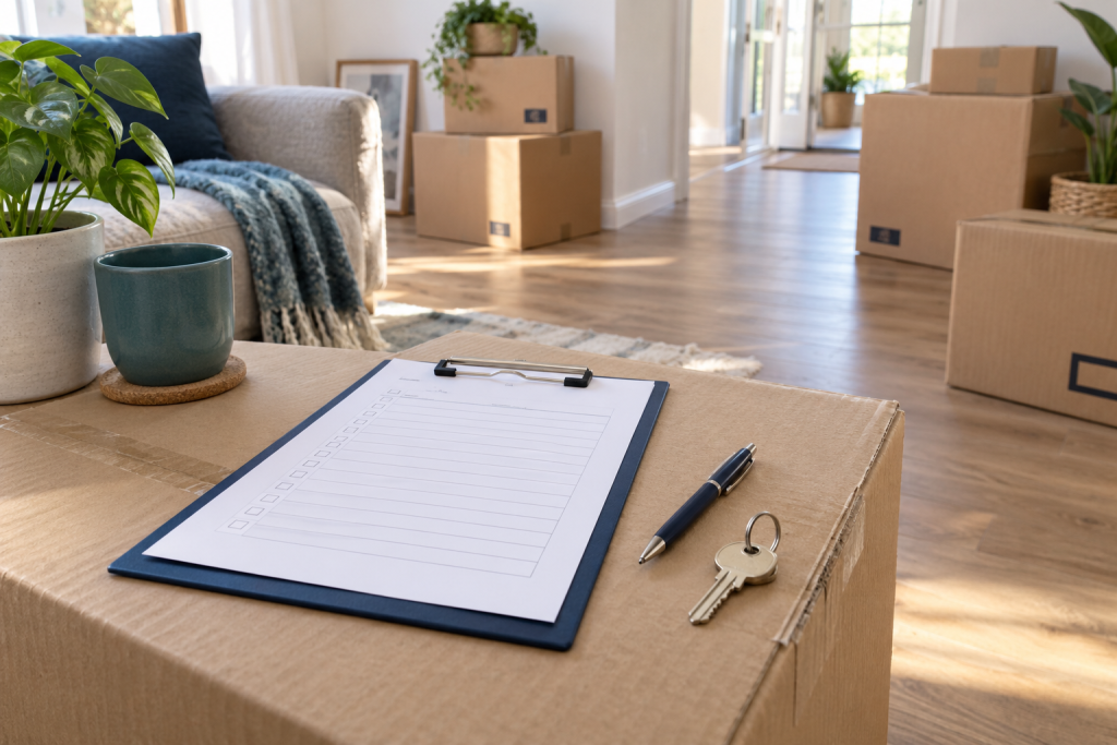 Blank inventory sheet, pen, and keys beside sealed boxes during moving delivery
