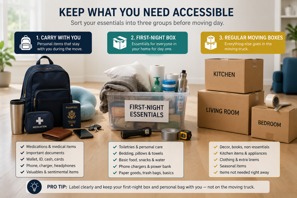 Moving essentials organized into carry-with-you items, a first-night box, and regular moving boxes
